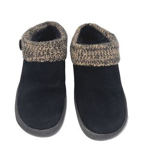 Clarks Womens Suede Leather Knitted Cuff Faux Fur Lined Size 9 Slippers